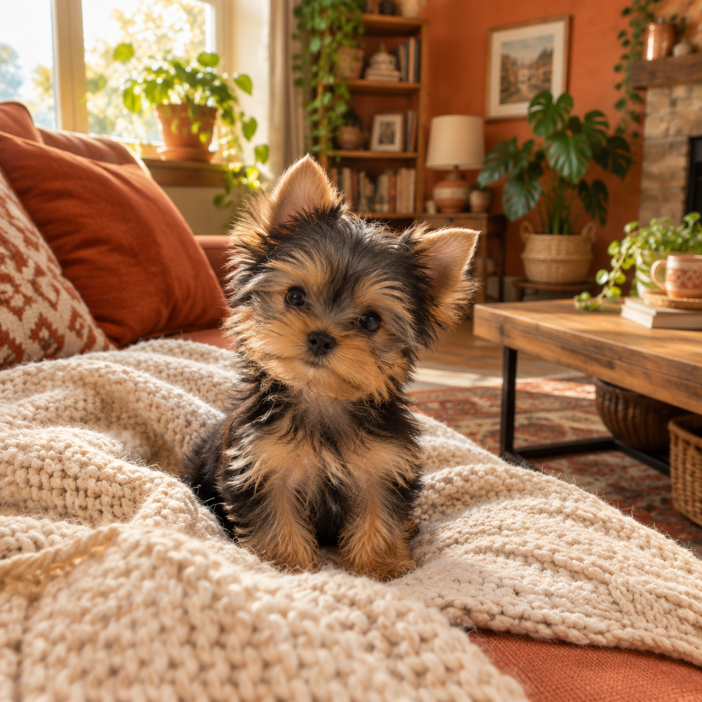 Cachorro Yorkshire Terrier sobre una manta suave en la sala de una casa