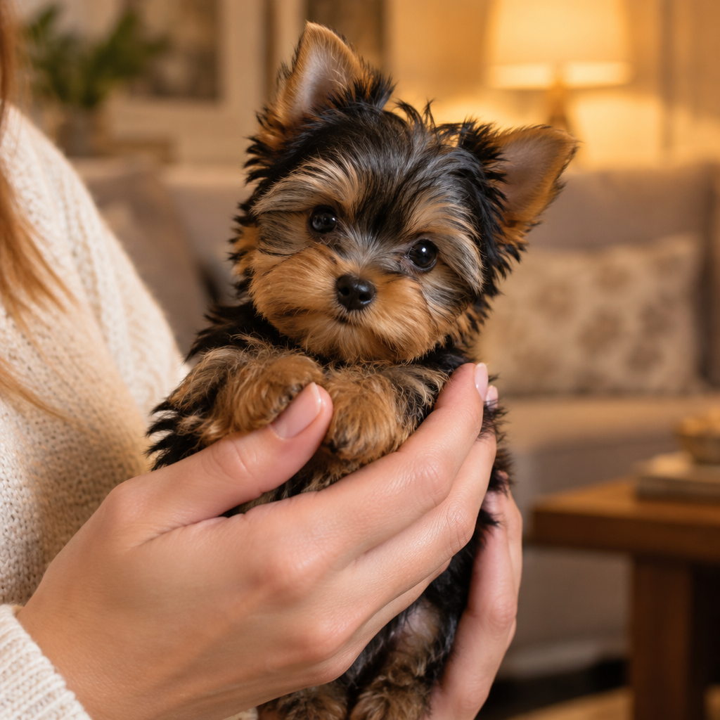 Manos sosteniendo con cuidado un cachorro Yorkshire Terrier